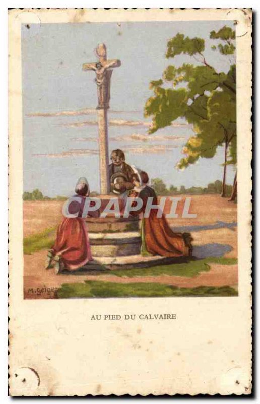 Old Postcard Au Pied Du Calvaire Breton Folklore Brittany