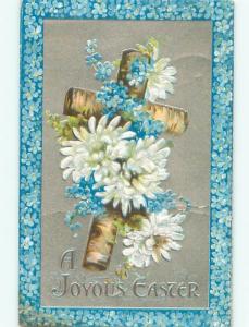 Pre-Linen easter religious RUSTIC WOODEN JESUS CROSS WITH FLOWERS W7397