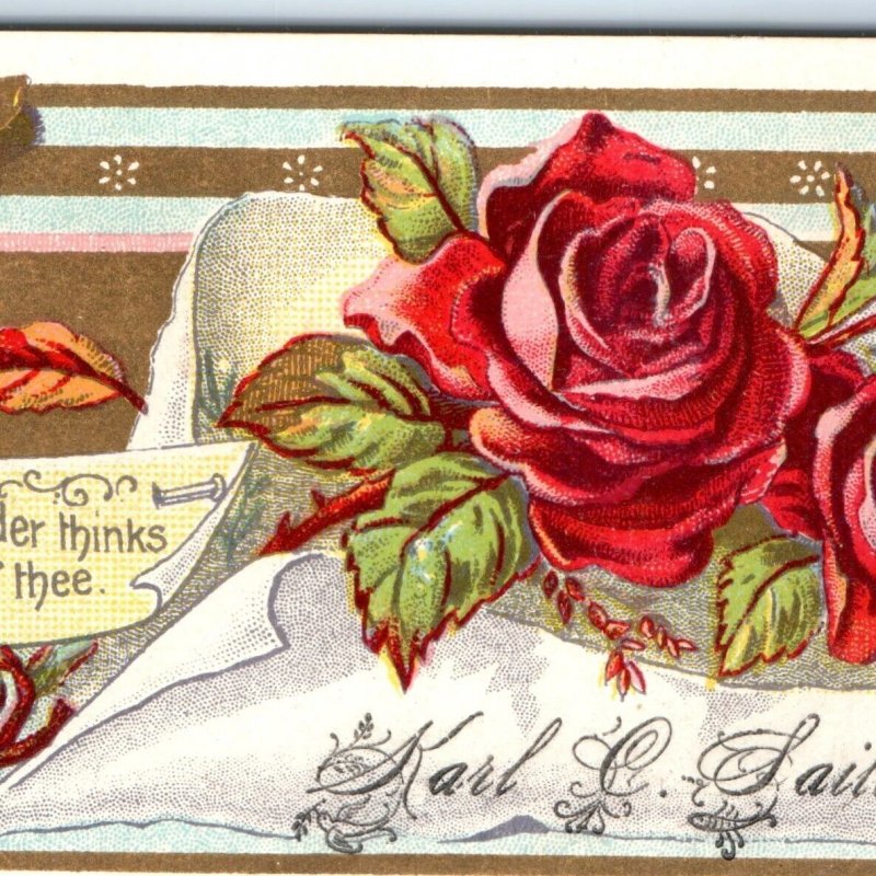 c1880s Karl Sailer Name Calling Trade Card Sender Thinks Colorful Gilt Rose C3