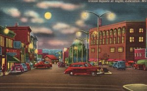 Vintage Postcard 1930's View of The Union Square at Night in Lewiston Maine ME