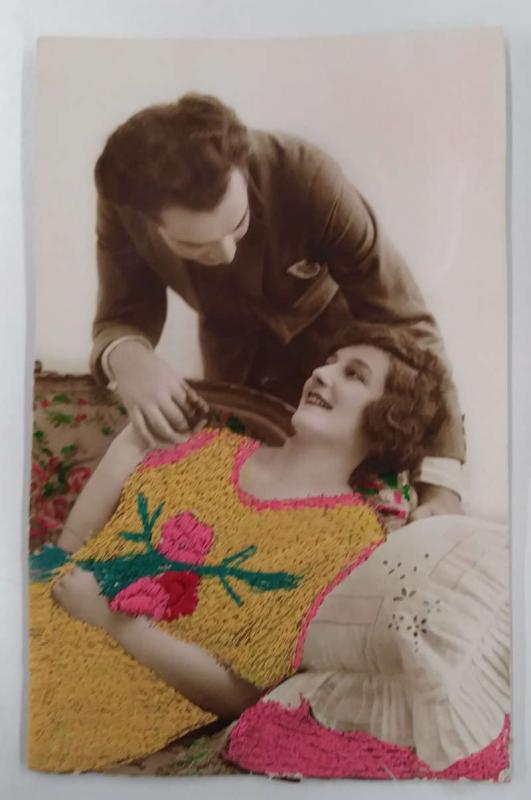 Romance Lady and Man Woven Silk Embroidered Tinted Real Photo Postcard J74859