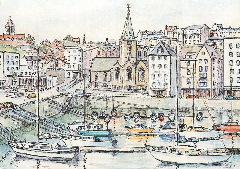 Channel Islands art Postcard Town Church water colour Cecile Fuller