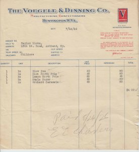 HUNTINGTON WEST VIRGINIA 1926 Voegele & Dining Confectioners Billhead Receipt