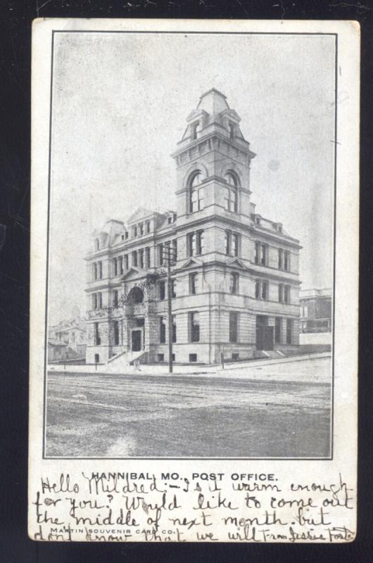 HANNIBAL MISSOURI U.S. POST OFFICE ANTIQUE VINTAGE POSTCARD MO. 1907