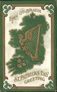 St Patrick's Day Ireland Map Harp Erin Go Bragh c1910 Postcard