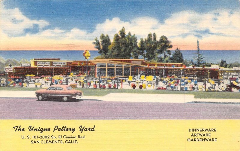 The Unique Pottery Yard US 101 Highway San Clemente California linen postcard