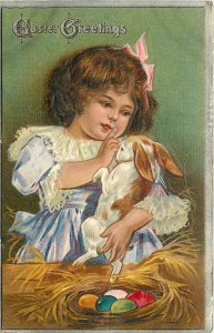 Embossed Easter Postcard Ser.1 Pretty Little Girl & her Pet Rabbit, Nest of Eggs