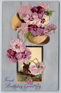 Flower Greetings~Purple Pansies In Dutch Shoe~Silver~IAPC~c1910 Vintage Postcard