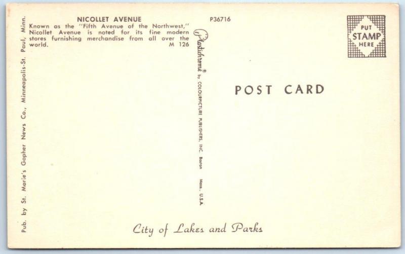 MINNEAPOLIS, Minnesota  MN    NICOLLET AVENUE Street Scene 1950s Cars  Postcard