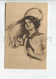 475824 Harrison FISHER Belle Girl TENNIS Sport Vintage postcard RUSSIA Sepia
