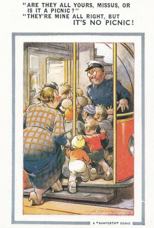 Giant Family On Bus Conductor Fat Lady Comic Humour Postcard