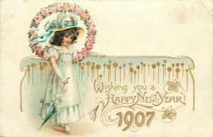 Tuck Embossed New Year Date 1907 Postcard Pretty Girl in White Art Nouveau Style