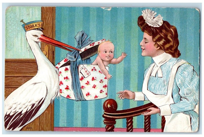 1908 Stork Baby In Box COD Delivery Mailman Bridgeport Connecticut CT Postcard 