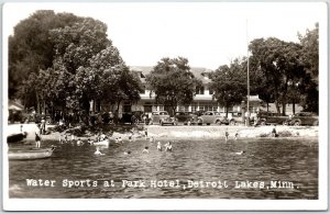 Postcard RPPC c1948 Detroit Lakes Minnesota Water Sports at Park Hotel Old Cars