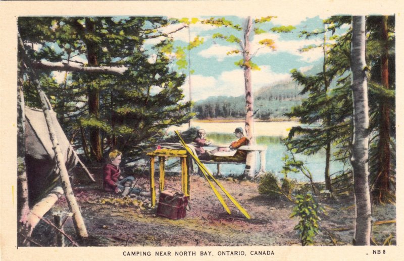 P1921 vintage postcard camping near north bay ontario canada unused