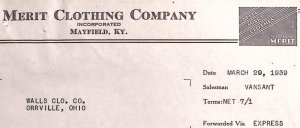 1939 MERIT CLOTHING CO MAYFIELD KY WALLS ORRVILLE OHIO BILLHEAD INVOICE Z267