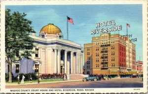 Linen Postcard Washoe County Courthouse and Hotel Riverside, Reno Nevada~139457