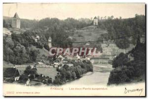 Old Postcard Switzerland Friborg The two suspension bridges