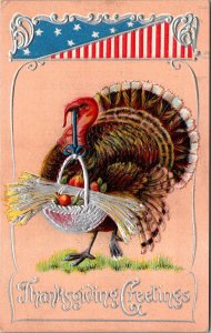 Thanksgiving Postcard Patriot Turkey with a Basket of Fruit and Wheat~2832