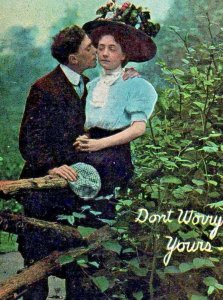 c.1908 Taylor Art Co. Vintage Postcard Romance Couple Kissing Garden Floral Hat