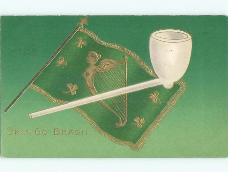 Pre-Linen st. patrick's TOBACCO PIPE WITH GOLDEN HARP ON GREEN FLAG J4189