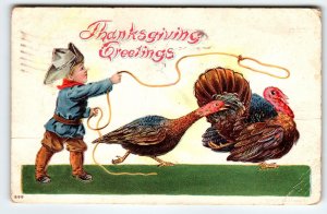 Thanksgiving Postcard Boy Dressed As Cowboy Lasso Rope Wild Turkeys 1908 Vintage