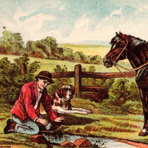1880's Horse Dog Man T R Beckley's West Winsted CT Fishing Tackle Trade Card