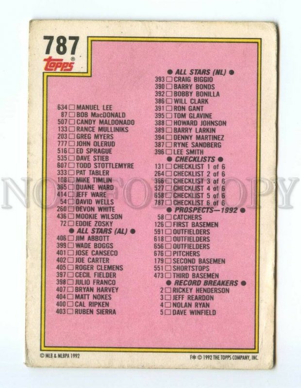 088913 Baseball Topps CARD 1992 1992 Baseball checklist #787