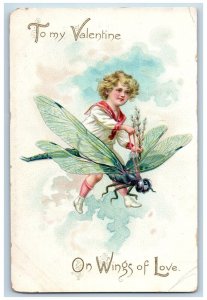 Valentine Postcard Little Boy Riding Dragonfly Butterfly On Wings Of Love Tuck's