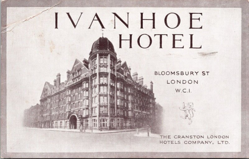 Ivanhow Hotel Bloomsbury St London WCI Postcard PM London WC Cancel WOB Note VTG 