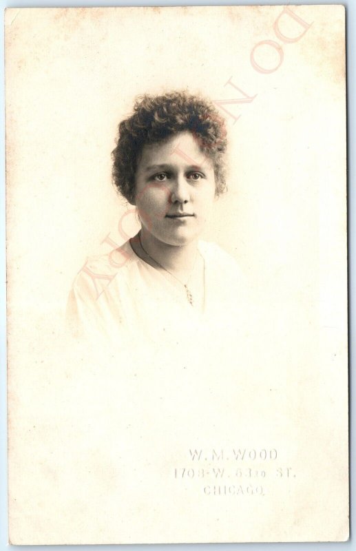 c1910s Chicago, IL Curly Hair Young Lady Girl RPPC Real Photo WM Wood PC  A122