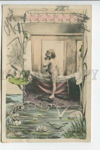 439232 FROG Spider Net ART NOUVEAU COLLAGE Nude Baby Kid Vintage PHOTO 1901 year