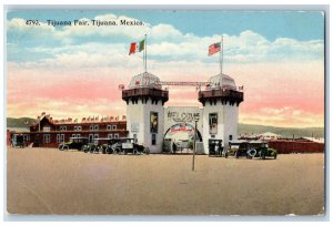 Mexico Postcard Tijuana Fair Arch Tower Entrance US and Mexico Flag c1910