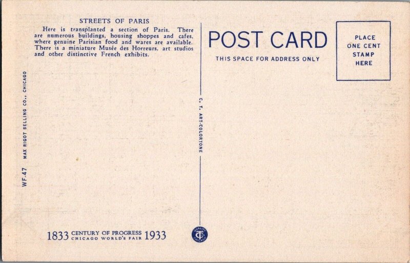 Postcard Streets of Paris Chicago World's Fair IL