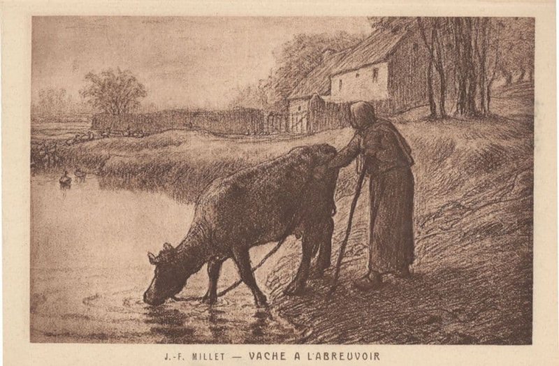 JF Millet Vaches A L'Abreuvoir French Cow At River Painting Postcard