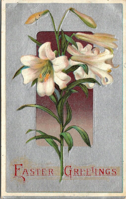  Easter Greetings Beautiful -  Easter Lilies Antique PC - SILVER - POSTCARD