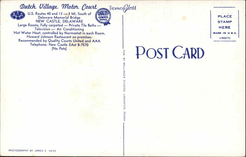 New Castle Delaware DE Motel Vintage Postcard