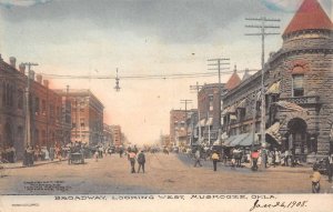 Muskogee Oklahoma Broadway, Looking West Hand Colored Litho. Vintage PC U2033