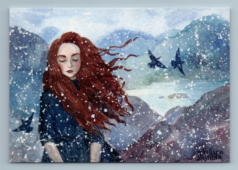 PRETTY GIRL with Long Hair Wind and Snow Winter Birds Lake Russian New Postcard