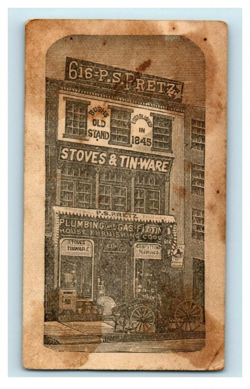 1870's P.S. Pretz Stoves Heaters & Co. Street Building Scene Baby & Dog P172