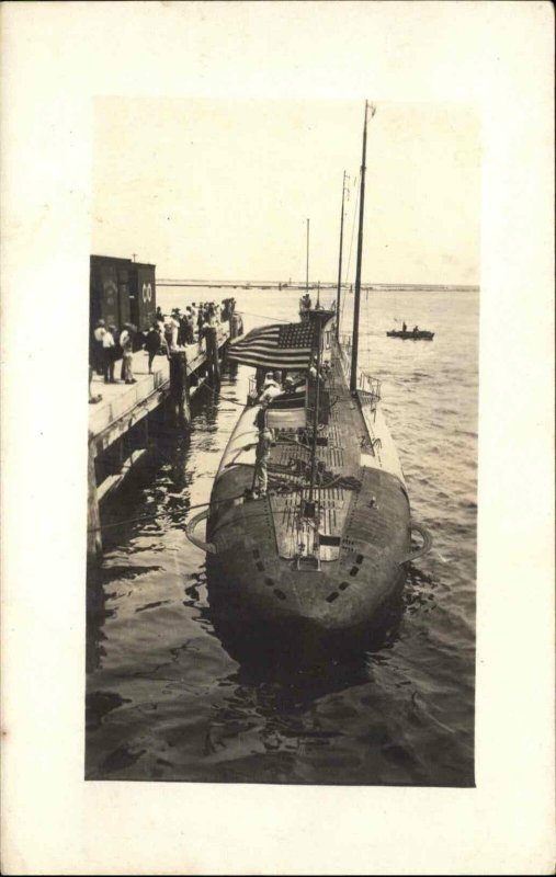 Sub Submarine at Dock American Flag Unidentified c1920 Real Photo Postcard 