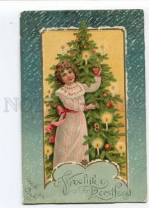 279775 X-MAS Christmas Girl w/ TREE vintage EMBOSSED PC