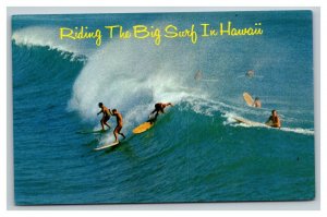 Vintage 1970's Postcard Surfers Riding The Big Surf Waves in Hawaii