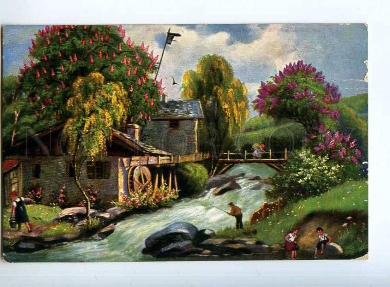 240788 Rural Life WATER MILL Fishing FISHERMAN Vintage FED PC