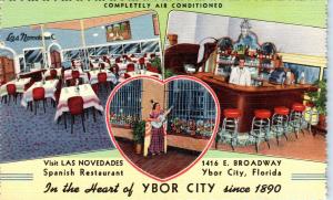 YBOR CITY, FL Florida    LAS NOVEDADES SPANISH Restaurant  c1940s Linen Postcard