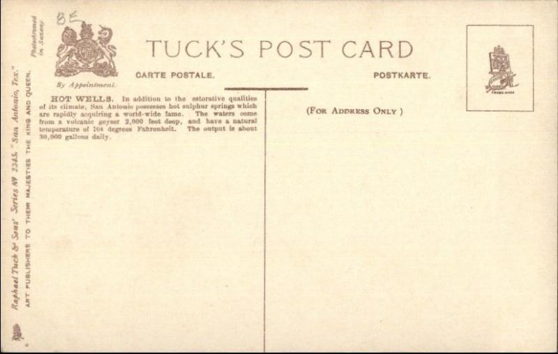 San Antonio TX Hot Wells TUCK c1910 Postcard EXC COND