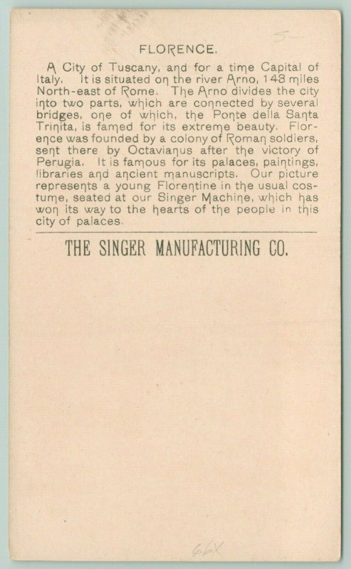Singer Mfg Co~Florentine Lady at Sewing Machine~Italy~1892 Victorian Trade Card 
