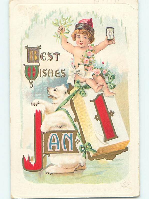 Pre-Linen new year CHILD HOLDS MISTLETOE AND HOURGLASS BESIDE POLAR BEAR HJ4925