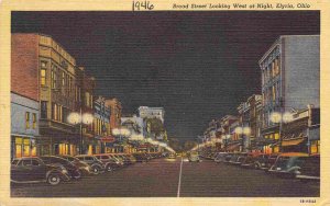 Broad Street at Night Elyria Ohio 1946 linen postcard