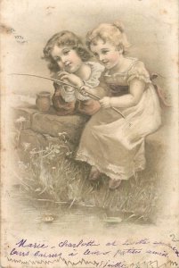 B582 Edwardian types sentimental pastoral scene with children fishing chromo